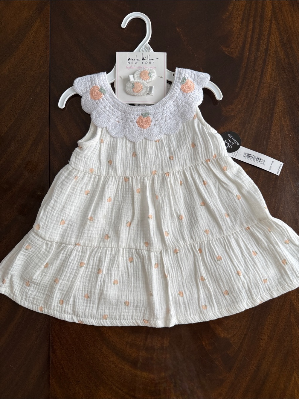 Nicole Miller New York White Cotton Peach Dot Baby Dress with barrettes